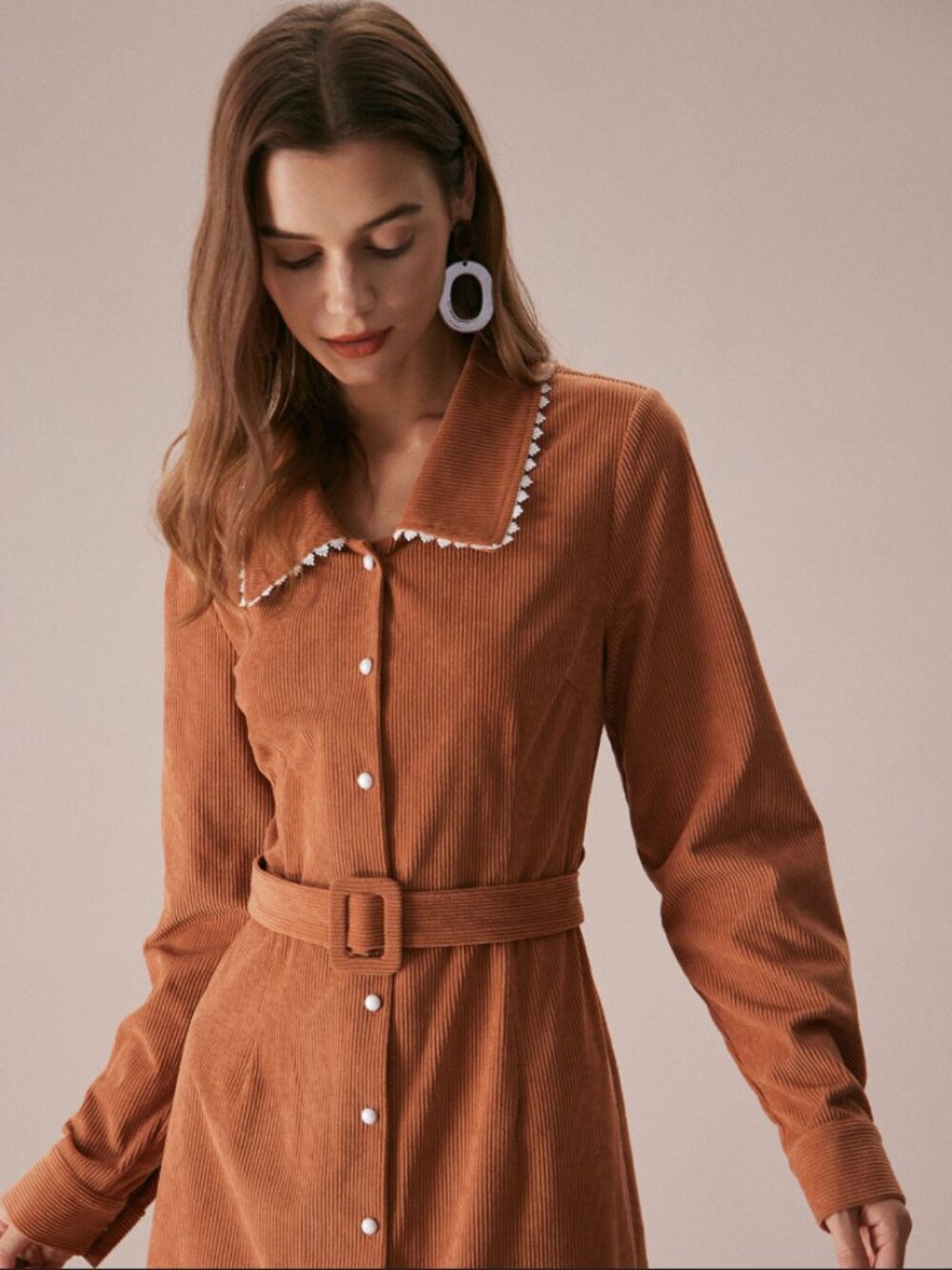Vintage Caramel Brown Corduroy Midi Button Down Shirt Dress Lace Collar Size XL